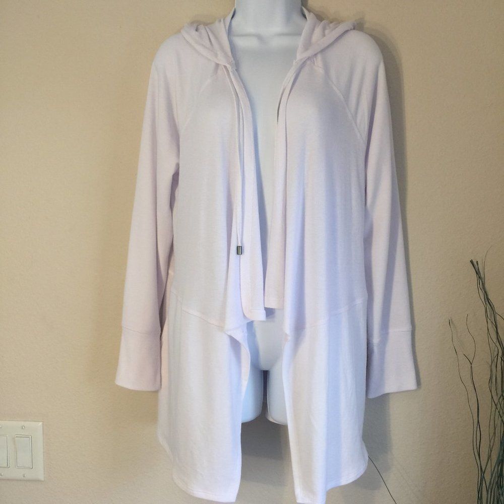 Westbound White Hooded Cardigan Large Draped Open Front Cotton Blend